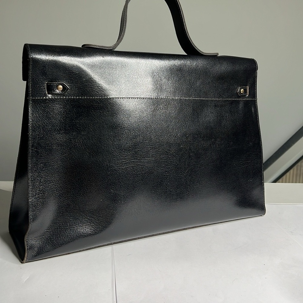Vintage Large Black Leather Sellier Style Handbag Made in France - Picture 5 of 14